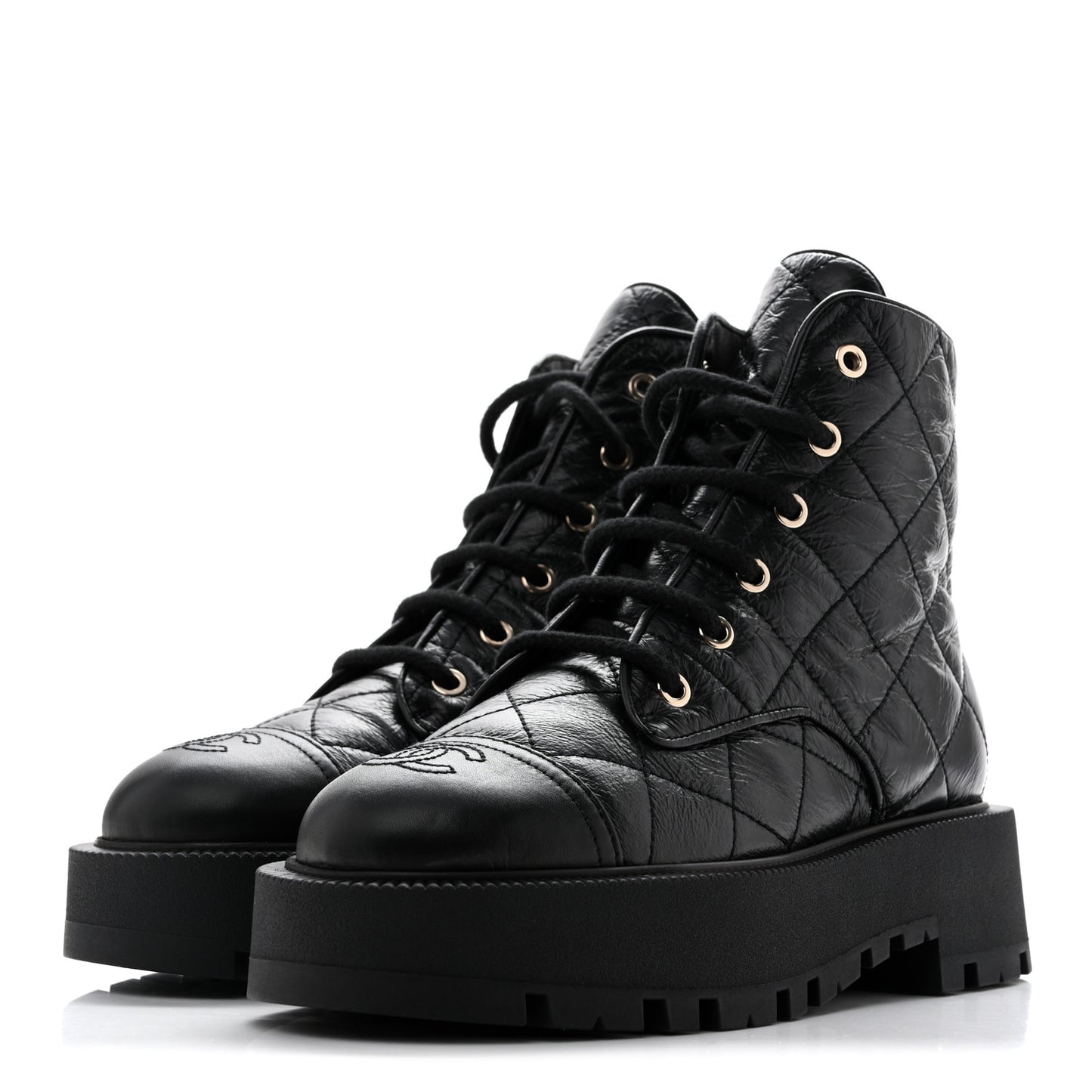 Shiny Calfskin Quilted Lace Up Combat Boots 37.5 Black