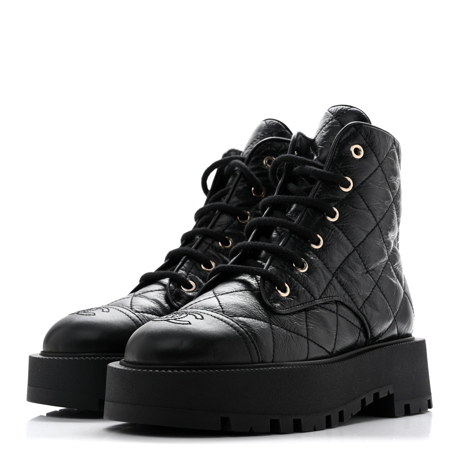 Chanel Shiny Calfskin Quilted Lace Up Combat Boots 37.5 Black 5 of 11
