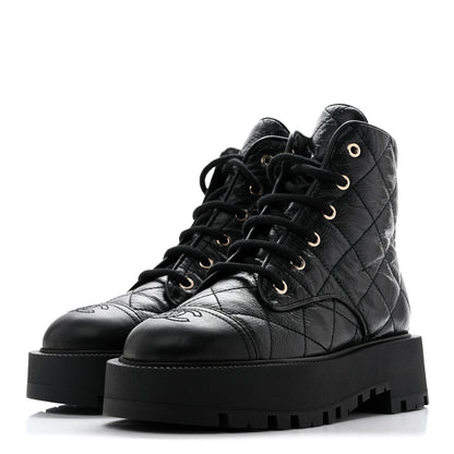 Chanel Shiny Calfskin Quilted Lace Up Combat Boots 37.5 Black 5 of 11