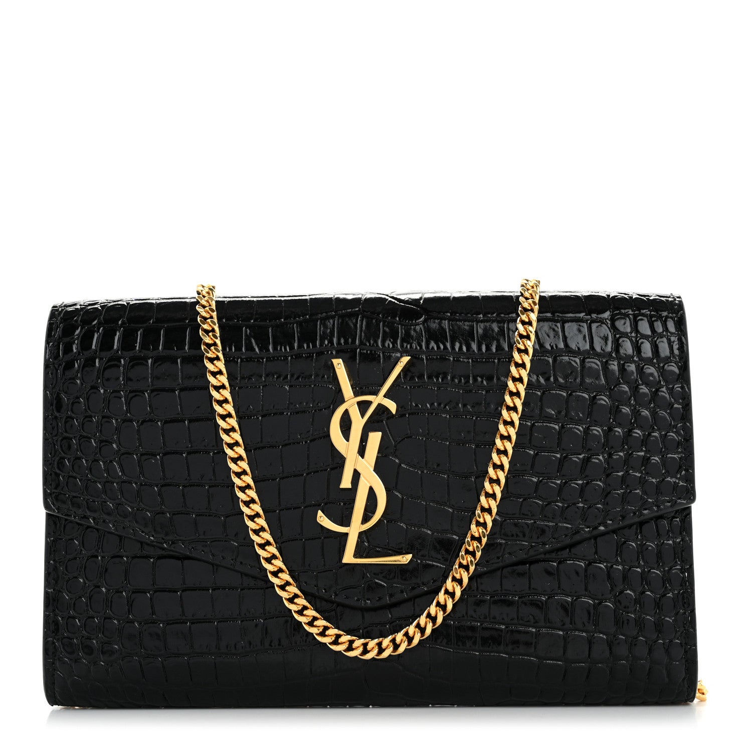 Saint Laurent Calfskin Crocodile Embossed Monogram Uptown Chain Wallet Black 1 of 16