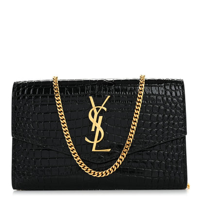 Saint Laurent Calfskin Crocodile Embossed Monogram Uptown Chain Wallet Black 1 of 16