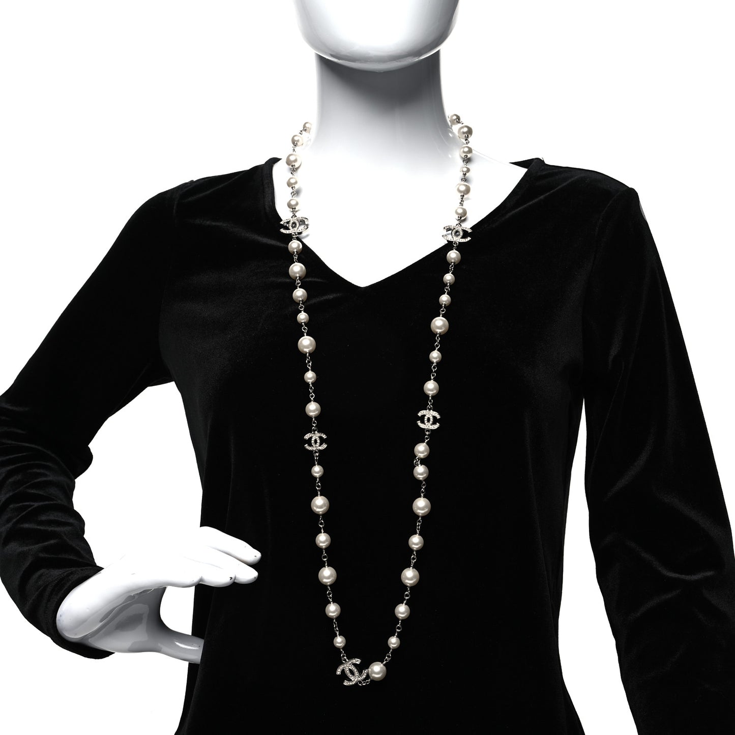 Graduated Pearl Crystal CC Long Necklace Silver