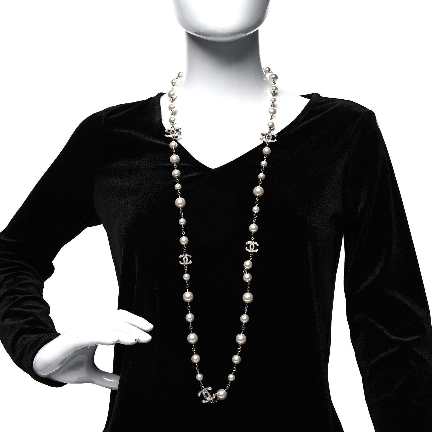 Chanel Graduated Pearl Crystal CC Long Necklace Silver 2 of 5