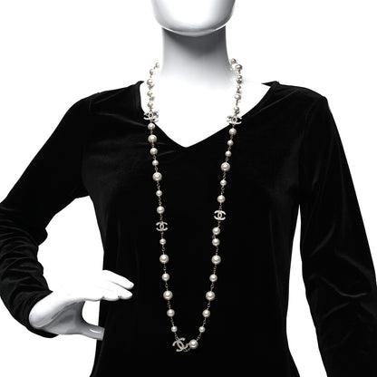 Chanel Graduated Pearl Crystal CC Long Necklace Silver 2 of 5