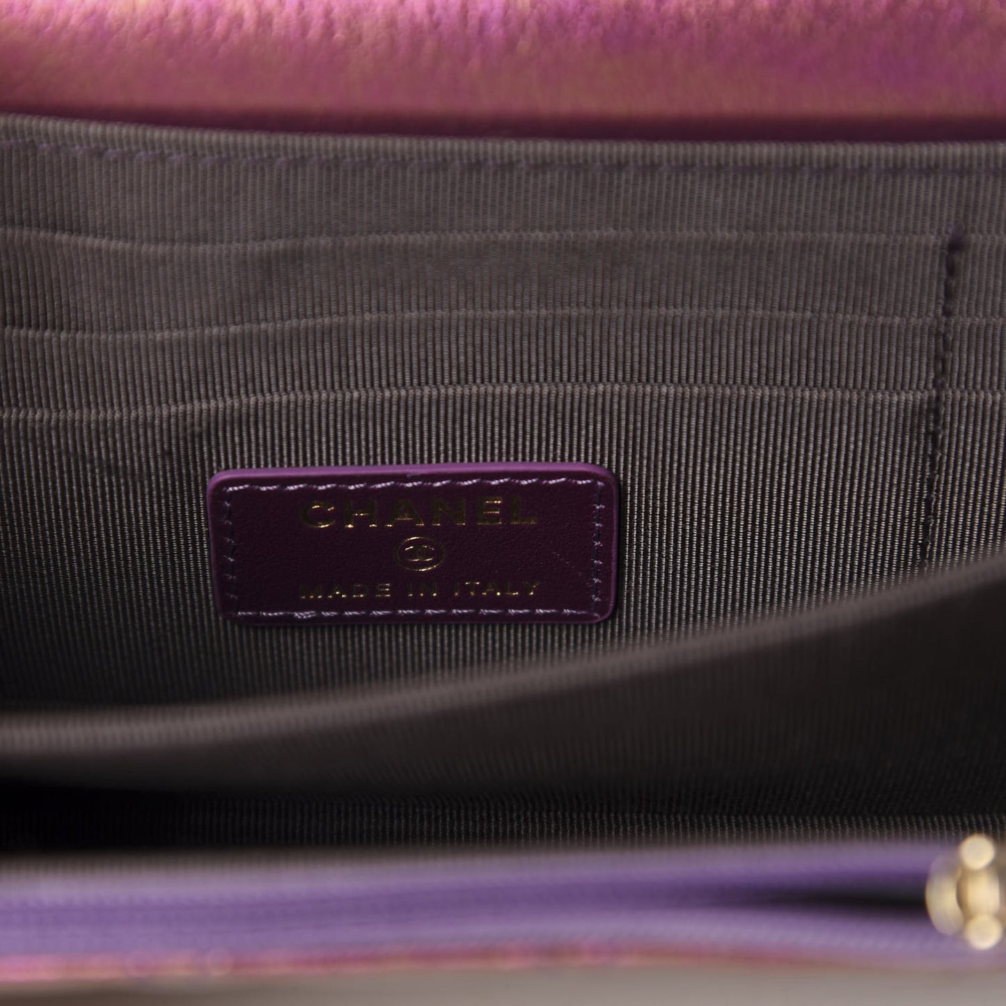 Iridescent Lambskin Quilted Mini Wallet On Chain WOC Purple