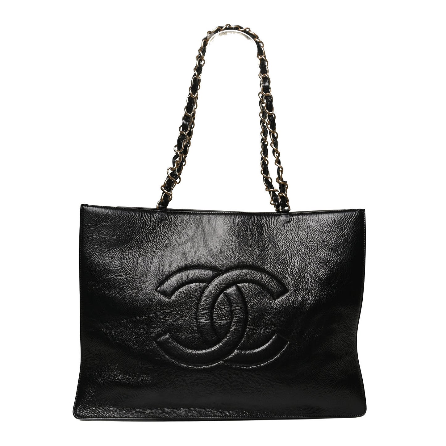 Shiny Aged Calfskin Shopping Bag Black