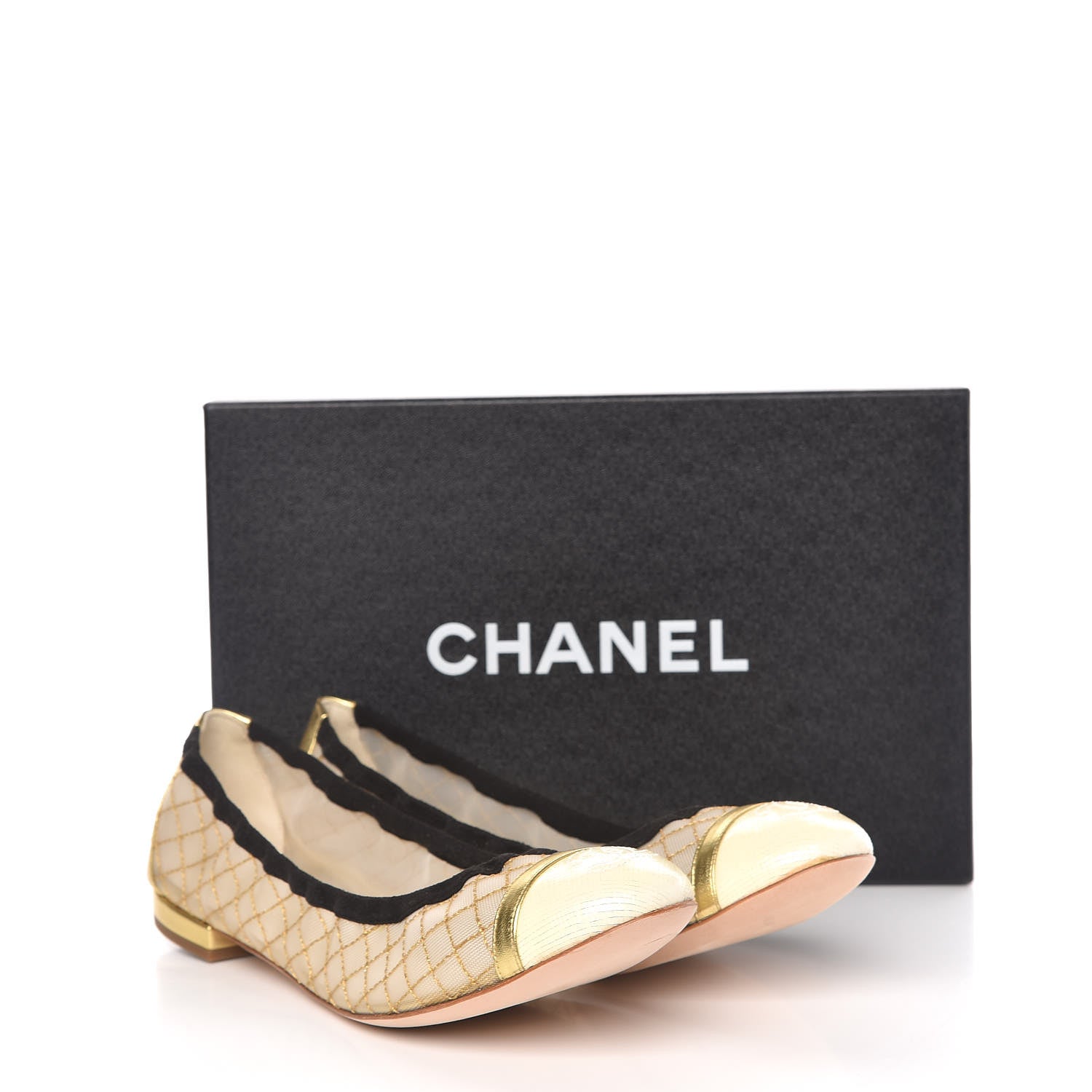 Chanel Lambskin Mesh Quilted CC Cap Toe Ballerina Flats 39.5 Light Beige Gold White 9 of 9