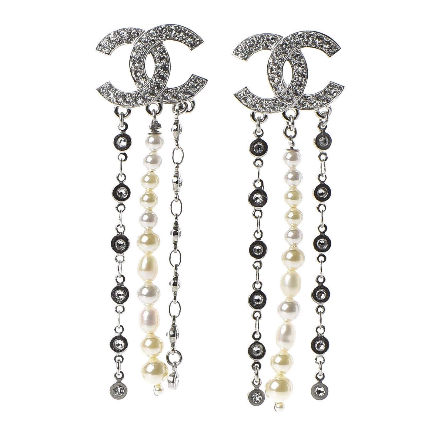 Pearl Crystal CC Dangle Earrings Silver
