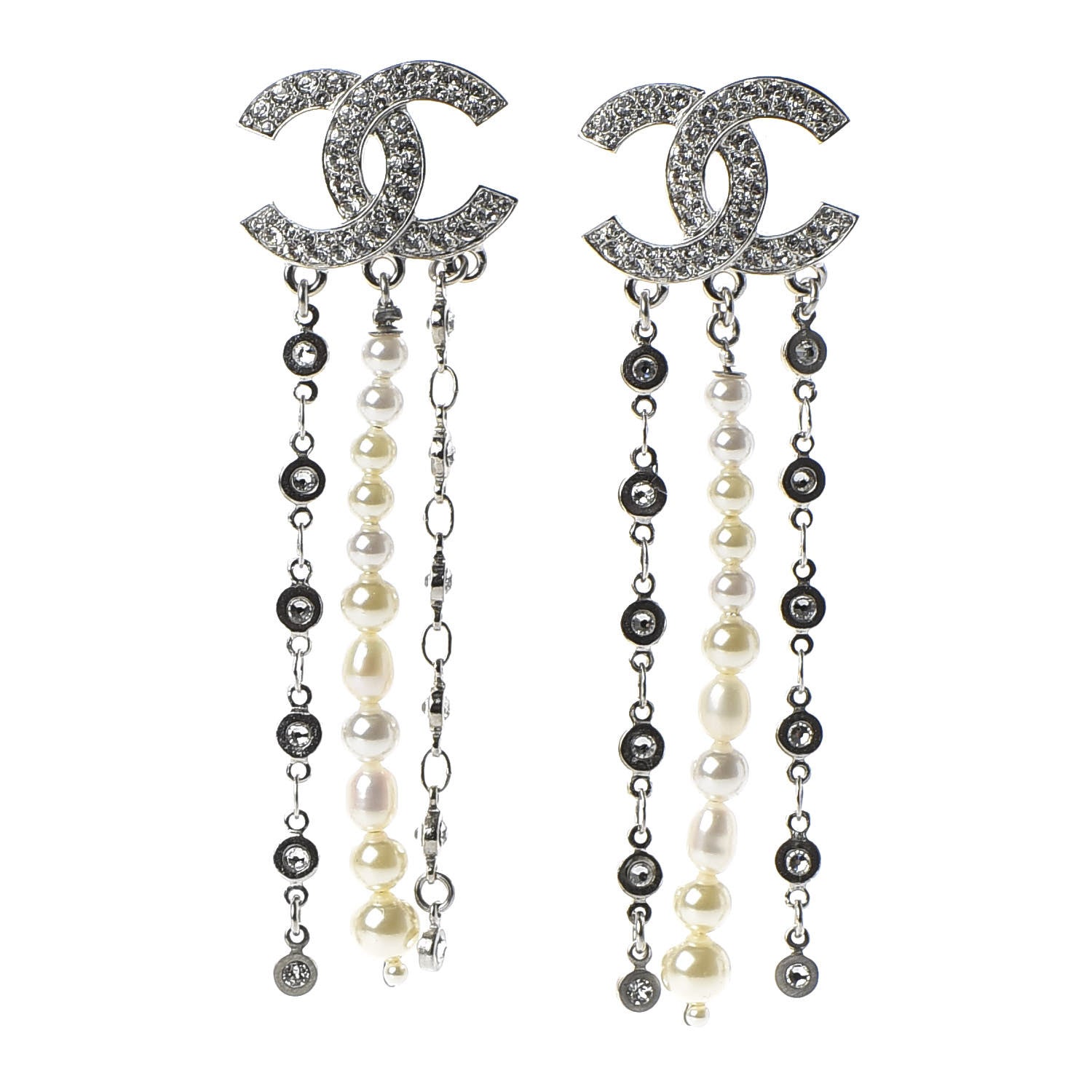 Chanel Pearl Crystal CC Dangle Earrings Silver 1 of 5
