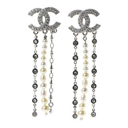 Chanel Pearl Crystal CC Dangle Earrings Silver 1 of 5