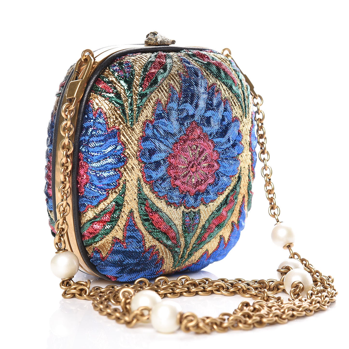 Brocade Pearl Bow Sandy Flow Chain Clutch Gold Blue Royal Multicolor