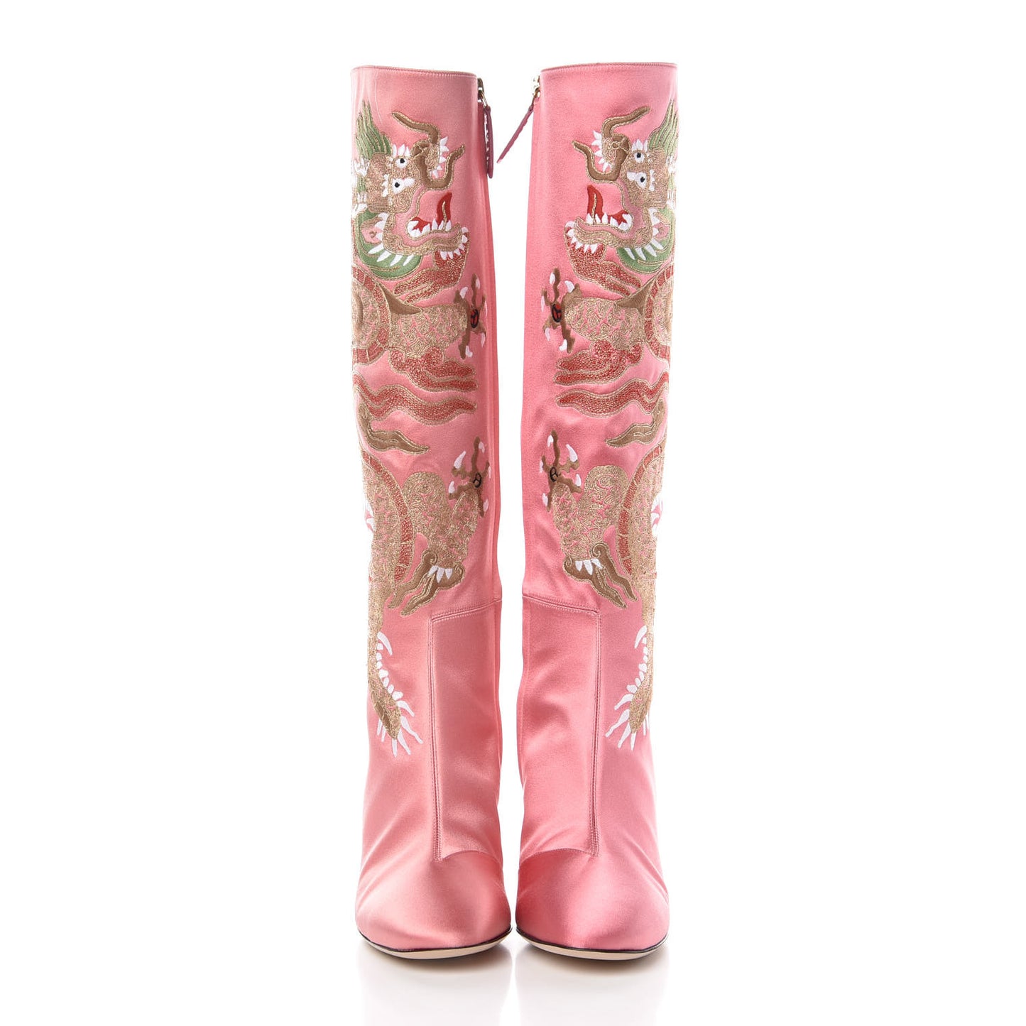 Silk Satin Malaga Kid Embroidered Candy Dragon Block-Heel Knee Boot 38 Glossy Pink