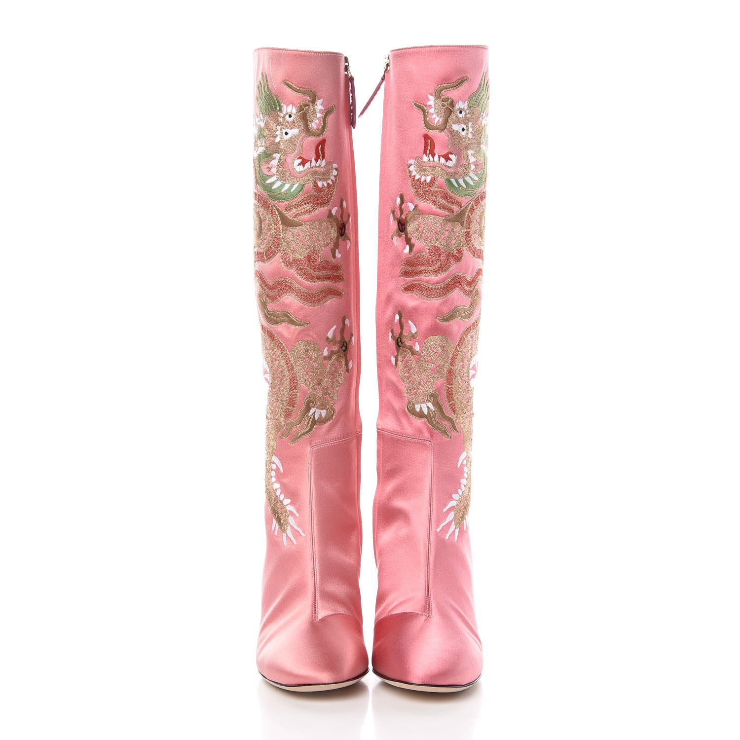 Gucci Silk Satin Malaga Kid Embroidered Candy Dragon Block-Heel Knee Boot 38 Glossy Pink 4 of 12