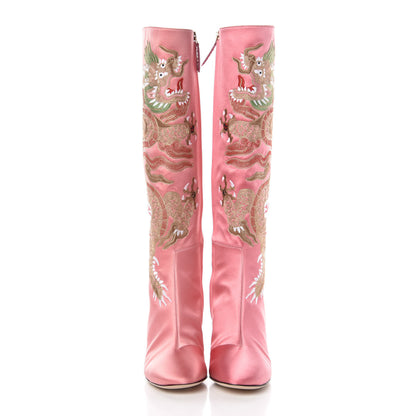 Gucci Silk Satin Malaga Kid Embroidered Candy Dragon Block-Heel Knee Boot 38 Glossy Pink 4 of 12