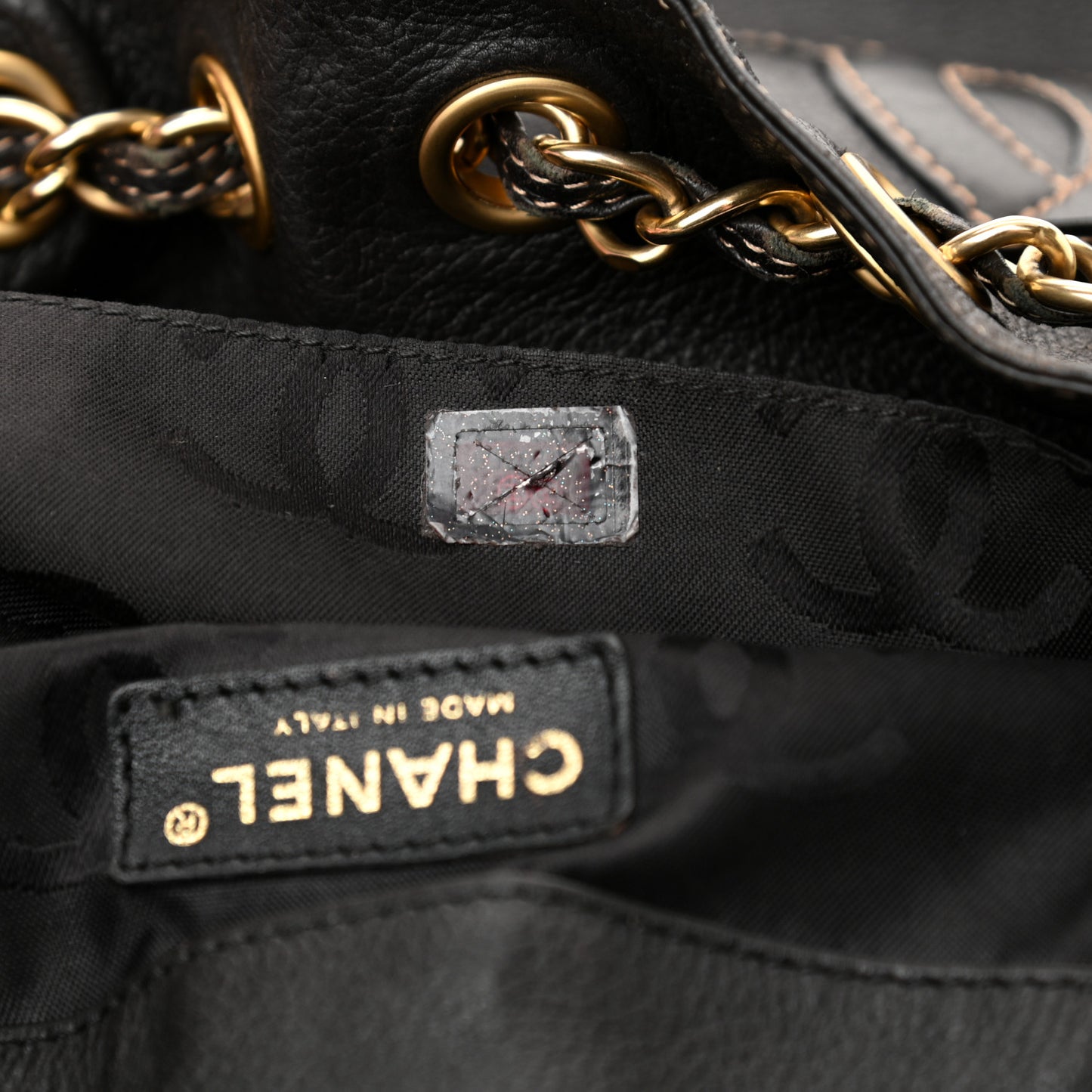 Grained Calfskin CC Drawstring Bucket Bag Black