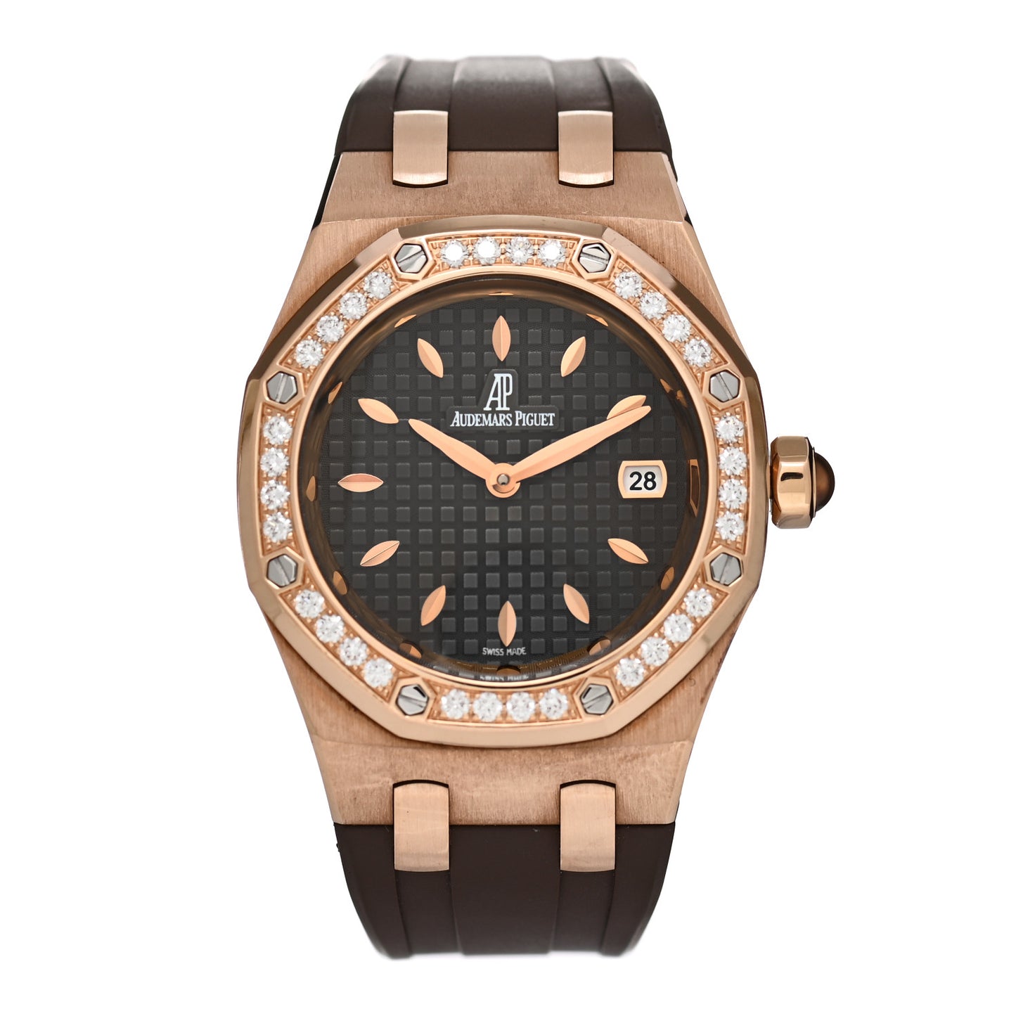 18K Rose Gold Rubber Diamond 33mm Royal Oak Quartz Watch Brown 67621OR.ZZ.D080CA.01