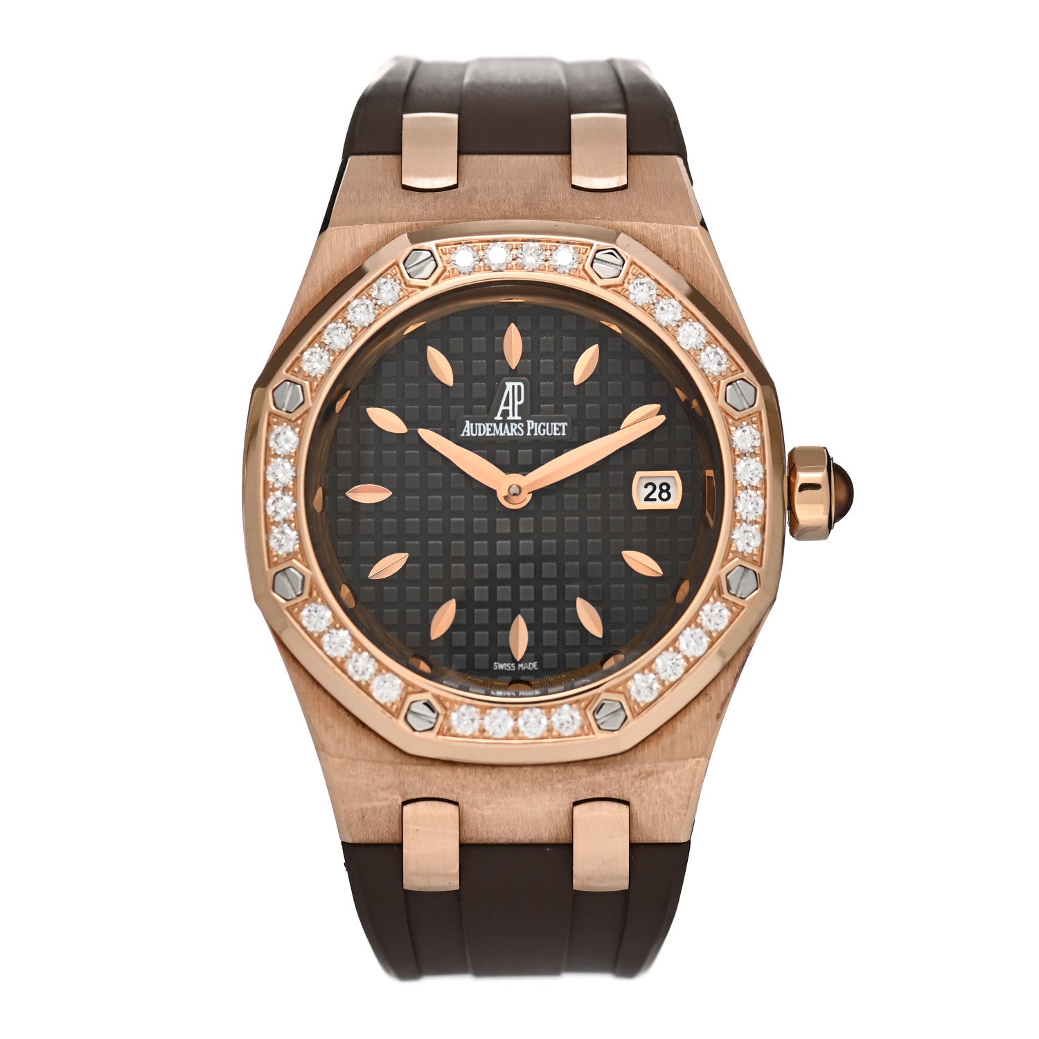 Audemars Piguet 18K Rose Gold Rubber Diamond 33mm Royal Oak Quartz Watch Brown 67621OR.ZZ.D080CA.01 1 of 4