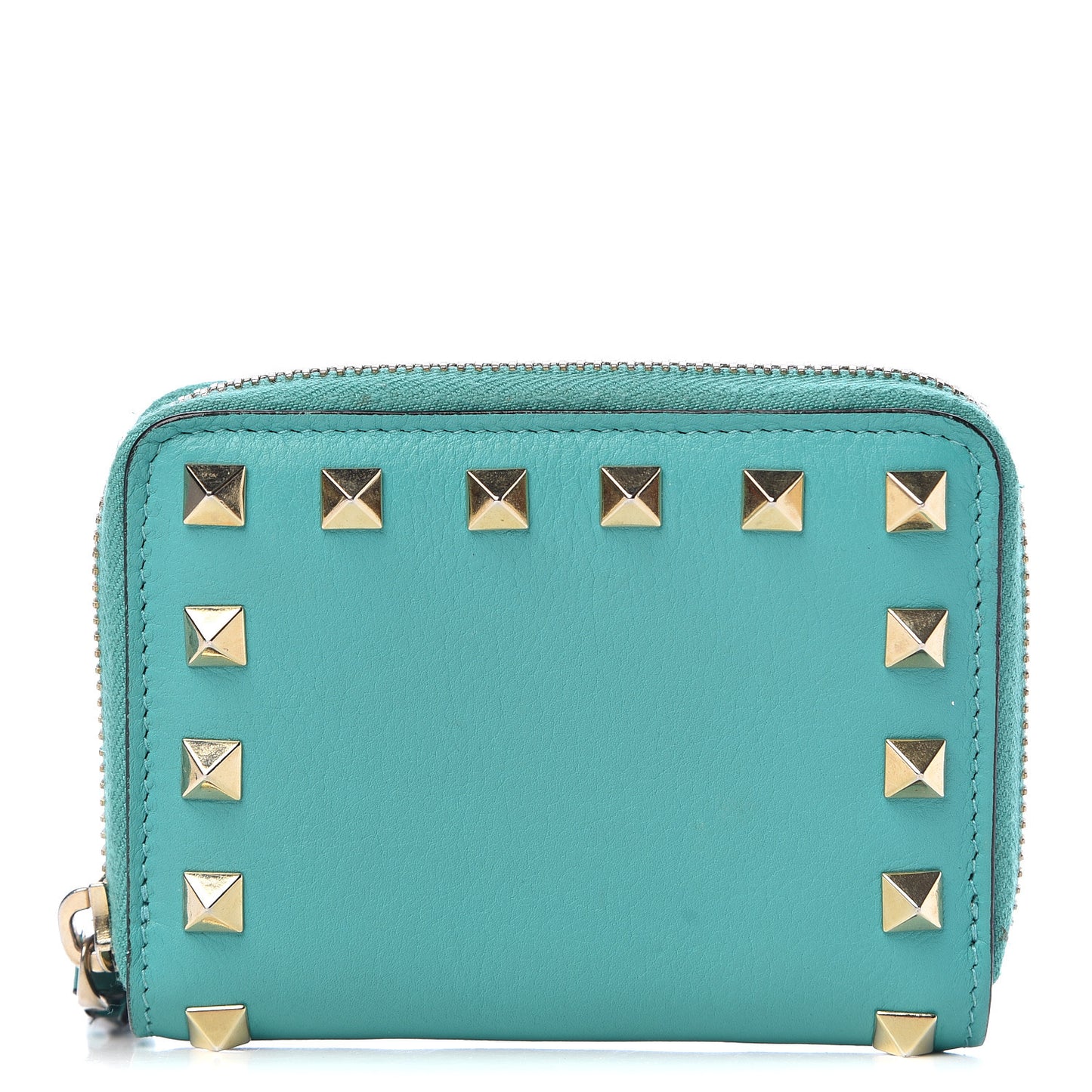 Calfskin Rockstud Zip Around Coin Case Card Holder Opaline Green