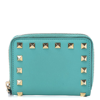 Valentino Garavani Calfskin Rockstud Zip Around Coin Case Card Holder Opaline Green 1 of 10