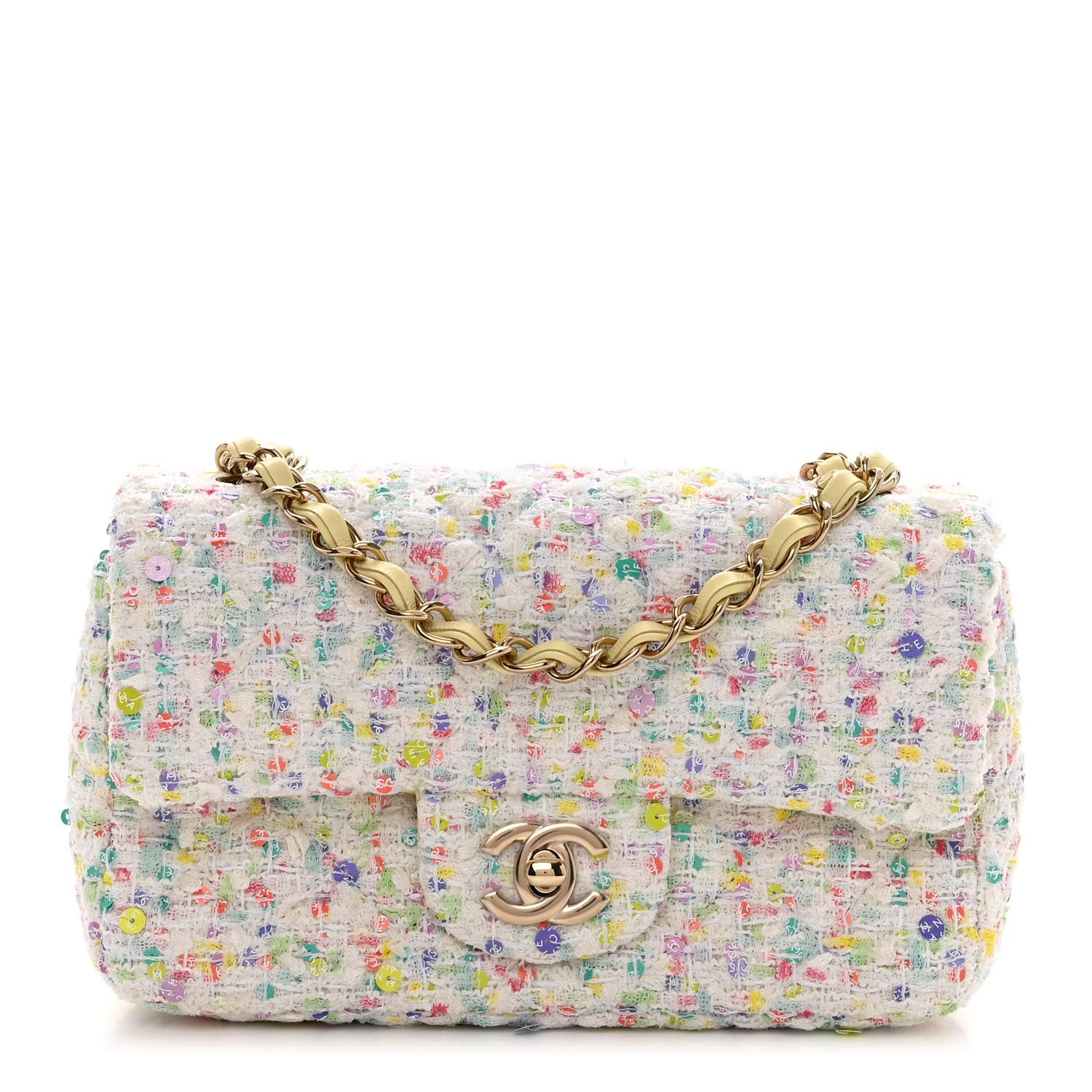 Chanel Tweed Quilted Mini Rectangular Flap Ecru Green Purple Red Yellow 1 of 10