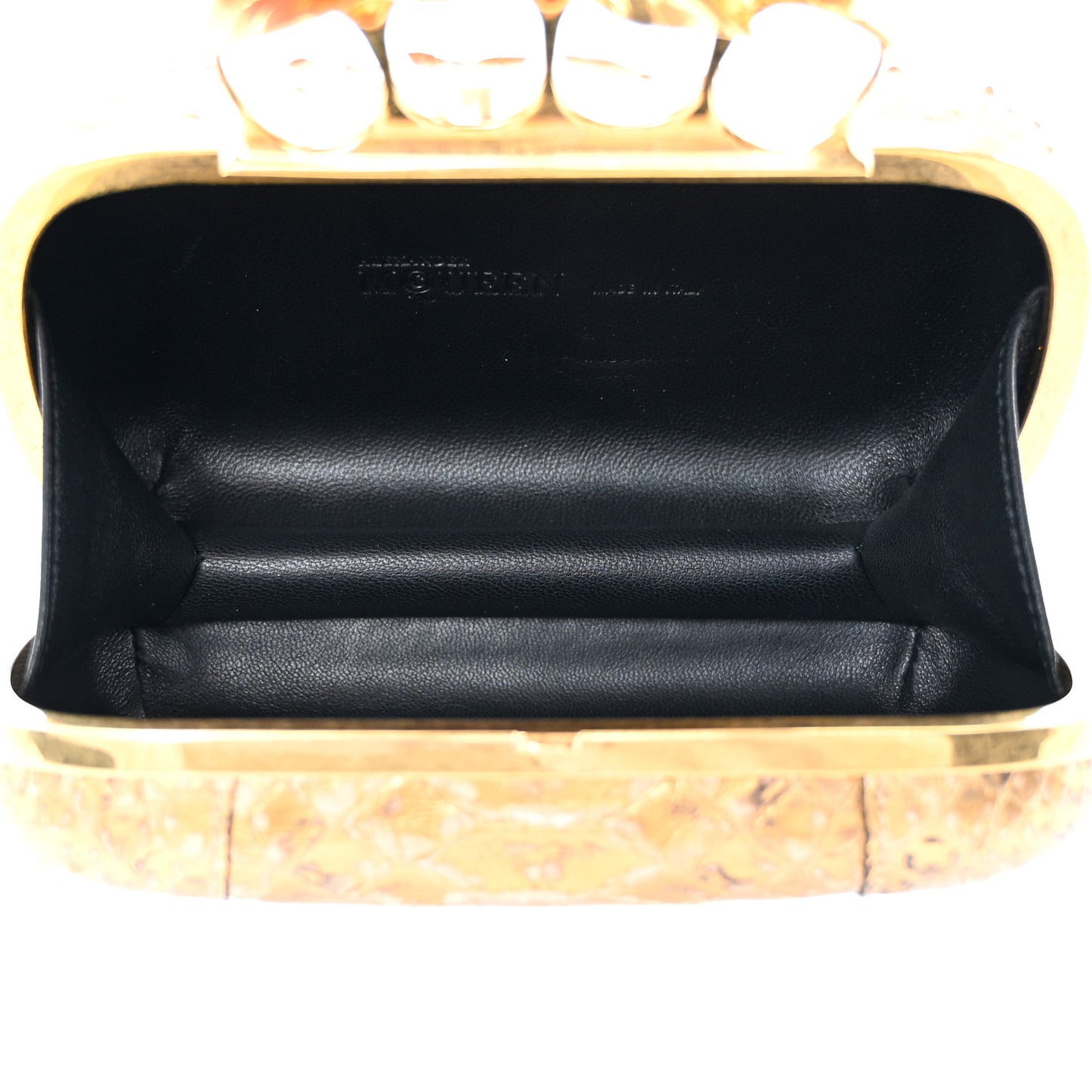 Metallic Marbled Snakeskin Crystal Apple Hummingbird Knuckle Duster Box Clutch Gold