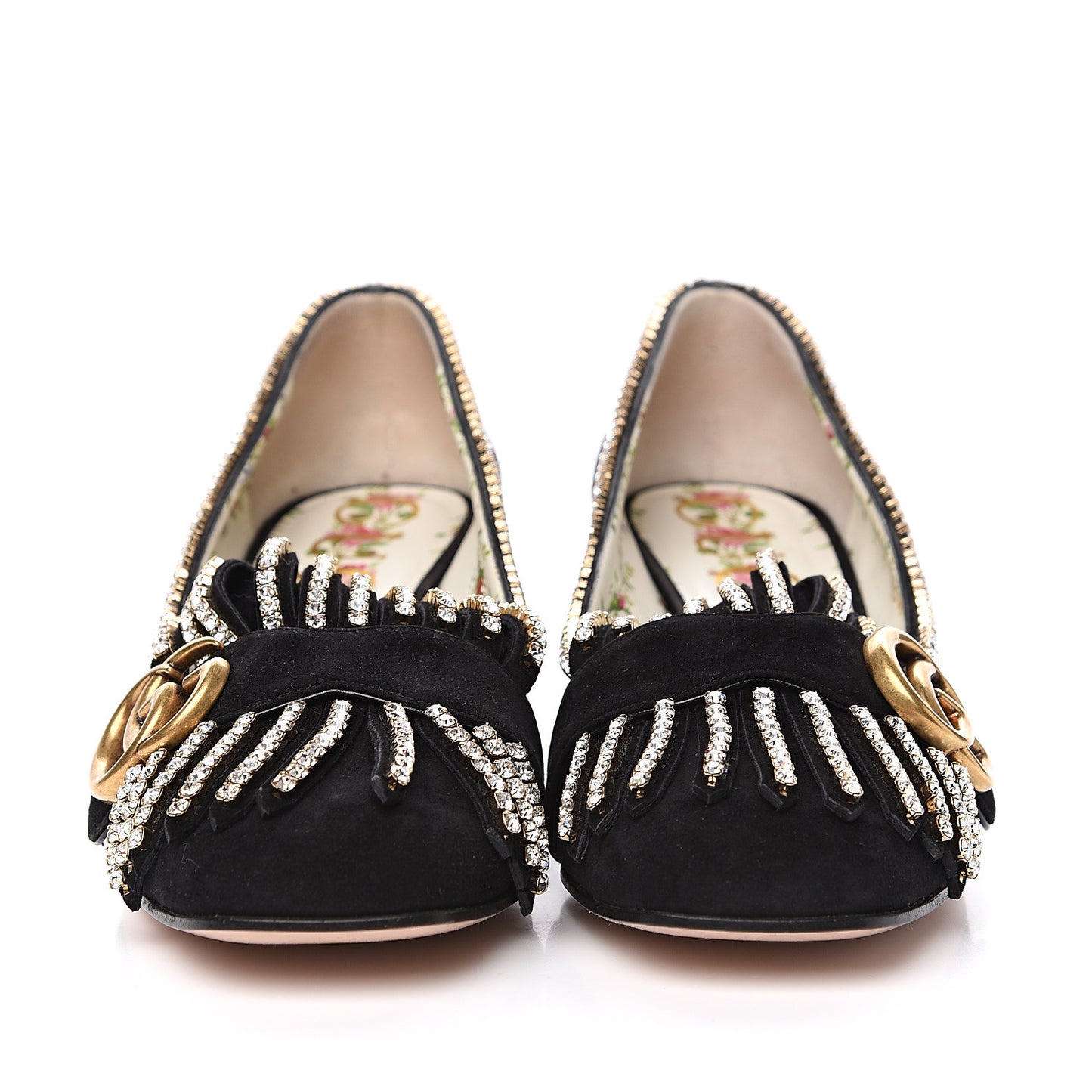 Kid Scamosciato Crystal GG Marmont Fringe 50mm Loafer Pumps 36.5 Black