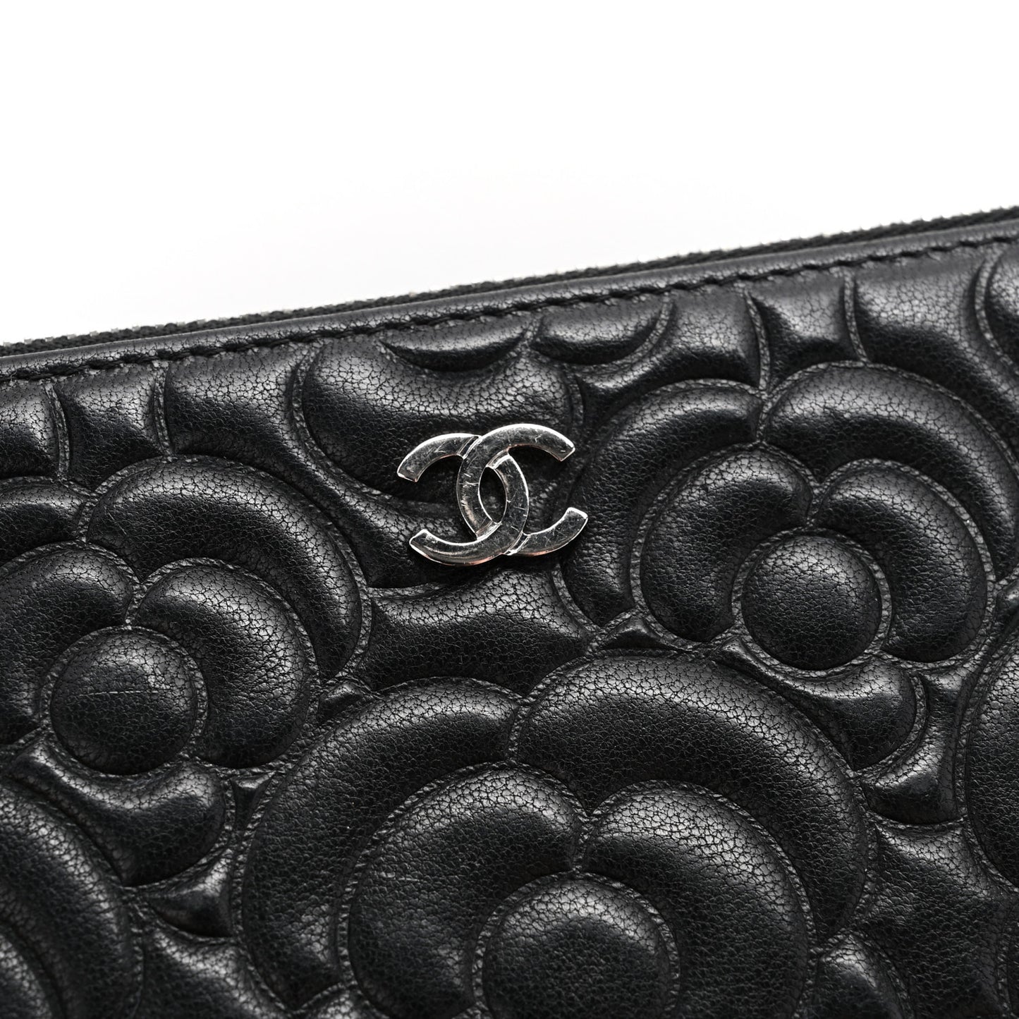 Goatskin Camellia Embossed Cosmetic Pouch Black