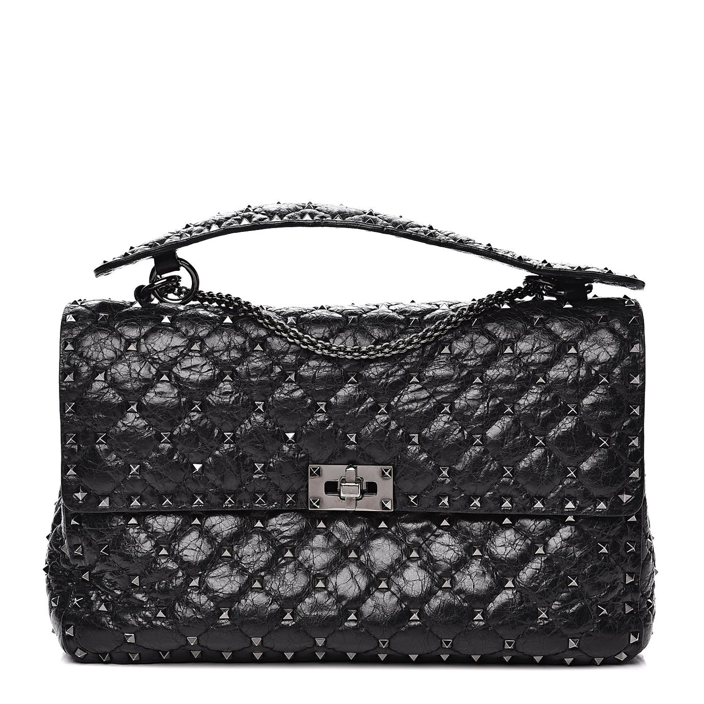 Craquele Nappa Large Rockstud Spike Shoulder Bag Black
