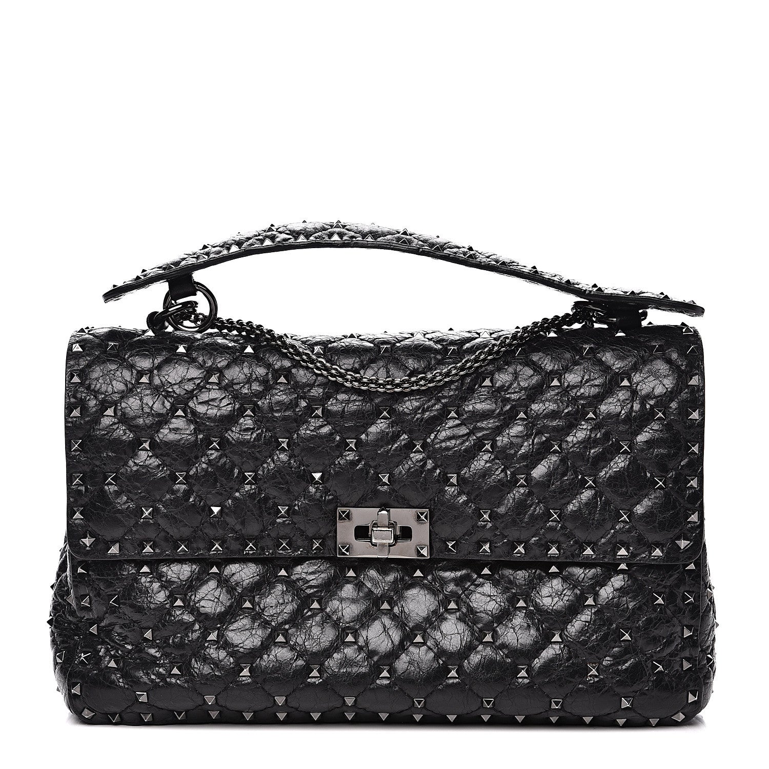Valentino Garavani Craquele Nappa Large Rockstud Spike Shoulder Bag Black 1 of 10