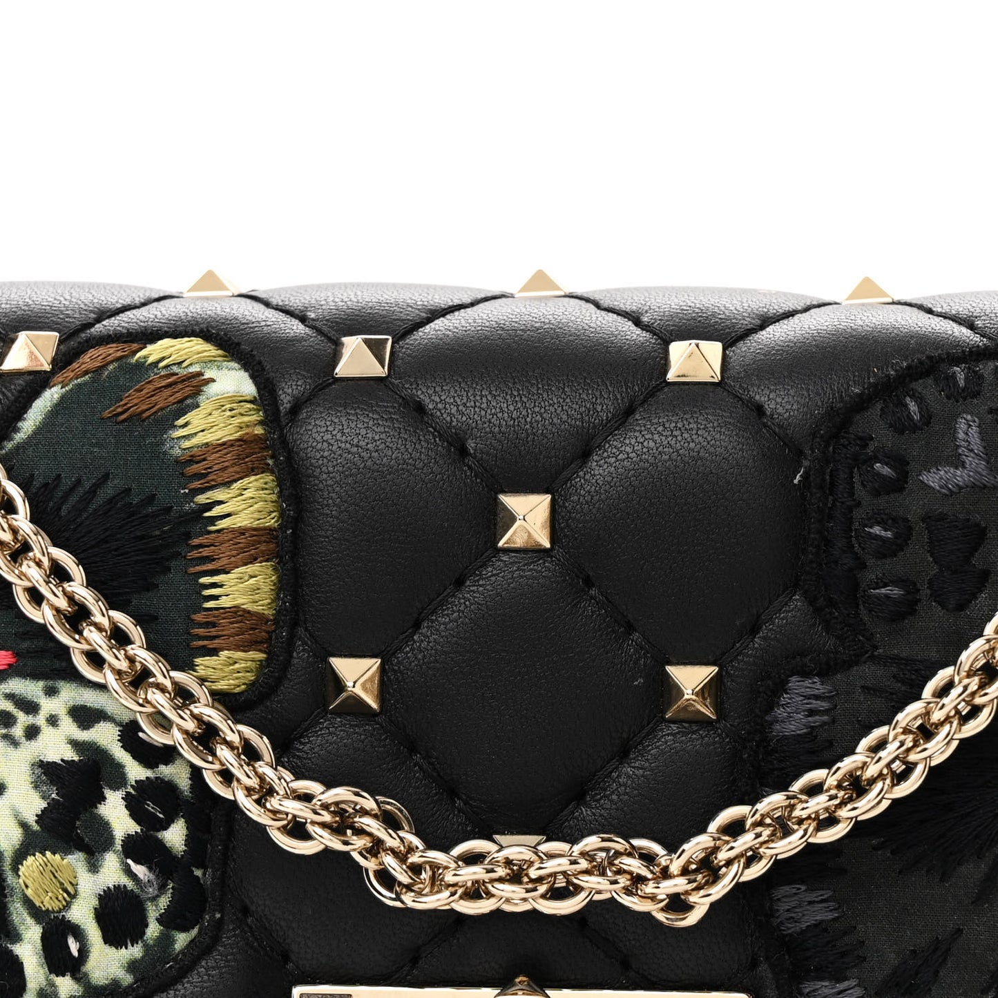 Nappa Butterfly Embroidered Rockstud Spike Wallet on Chain Black