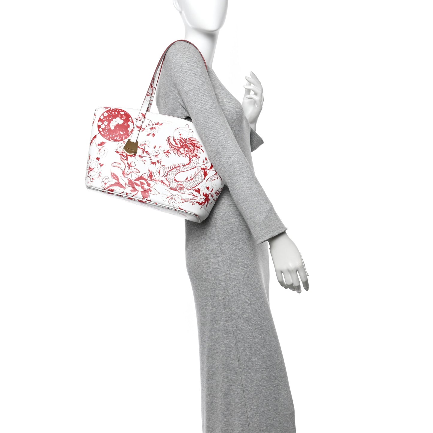 Calfskin Floral Dragon Print Tote White Red