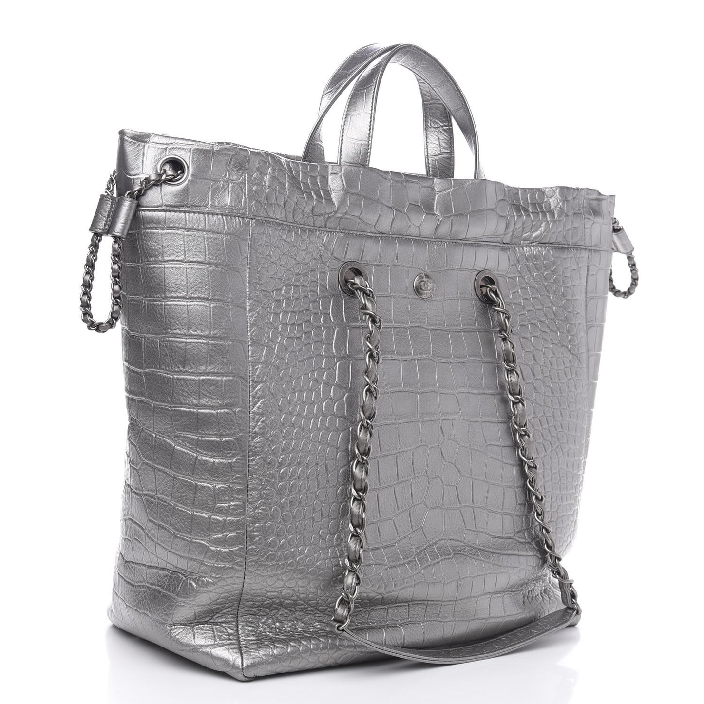 Calfskin Crocodile Embossed Large Cocodile Shopping Tote Silver