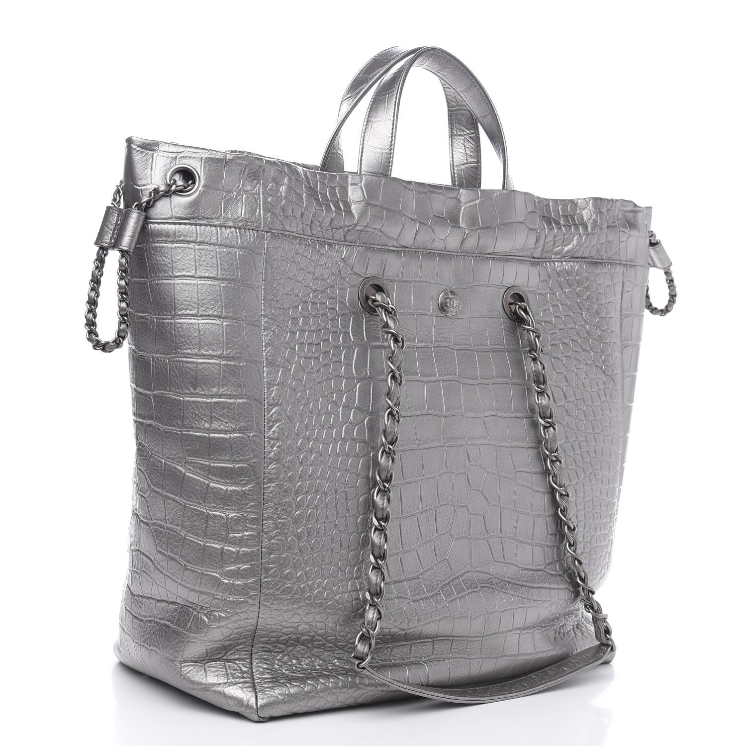 Chanel Calfskin Crocodile Embossed Large Cocodile Shopping Tote Silver 3 of 9