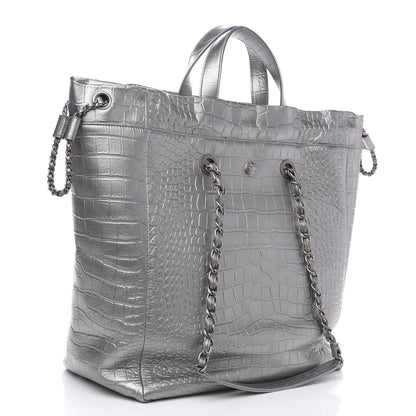Chanel Calfskin Crocodile Embossed Large Cocodile Shopping Tote Silver 3 of 9