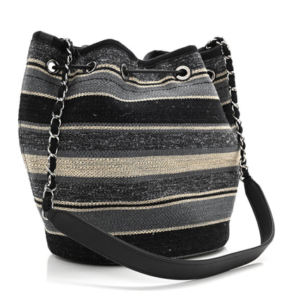 Chanel Striped Canvas Deauville Drawstring Bag Grey Black 3 of 10