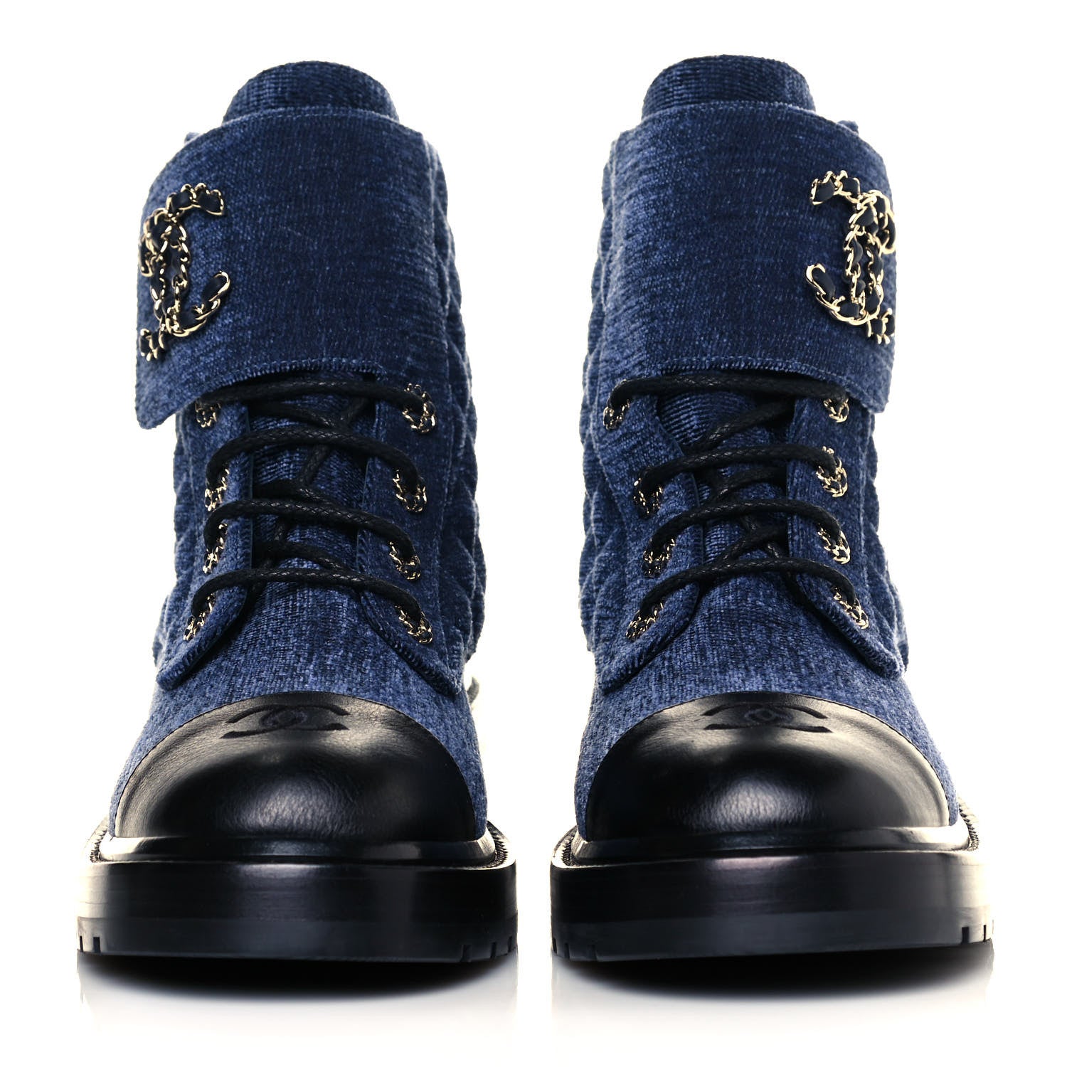 Chanel Shiny Calfskin Velvet Quilted Lace Up Combat Boots 41 Blue Black 2 of 7