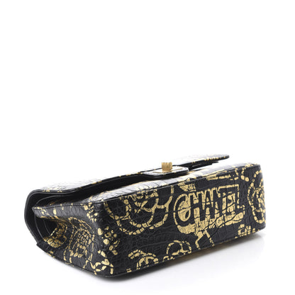Chanel Calfskin Crocodile Embossed Graffiti 2.55 Cocodile Reissue 225 Flap Black Gold 4 of 13