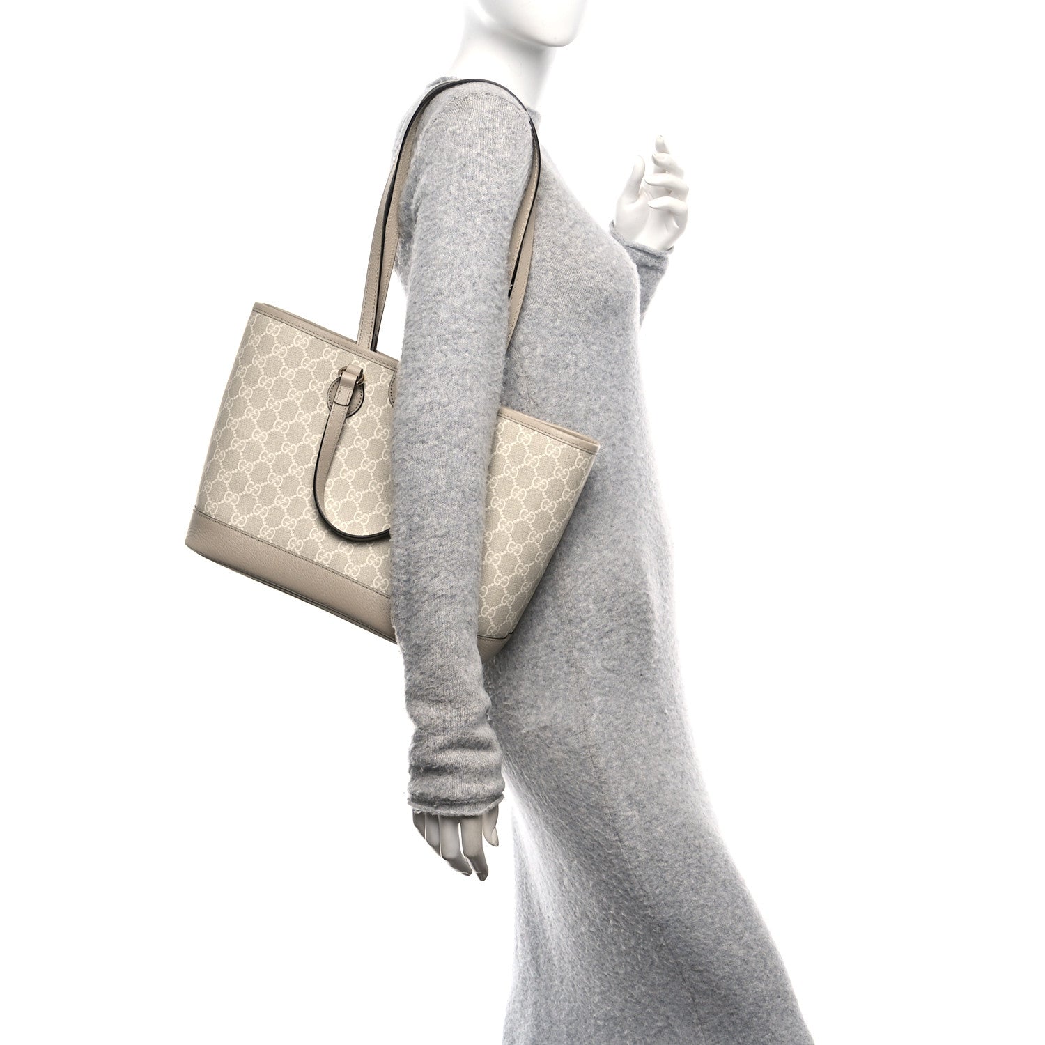 Gucci GG Supreme Monogram Textured Dollar Calfskin Small Ophidia Shoulder Tote Bag Beige Mystic White Oatmeal 2 of 10