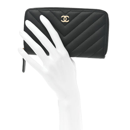 Chanel Caviar Chevron Quilted Small Zip Around Wallet Black 2 of 11