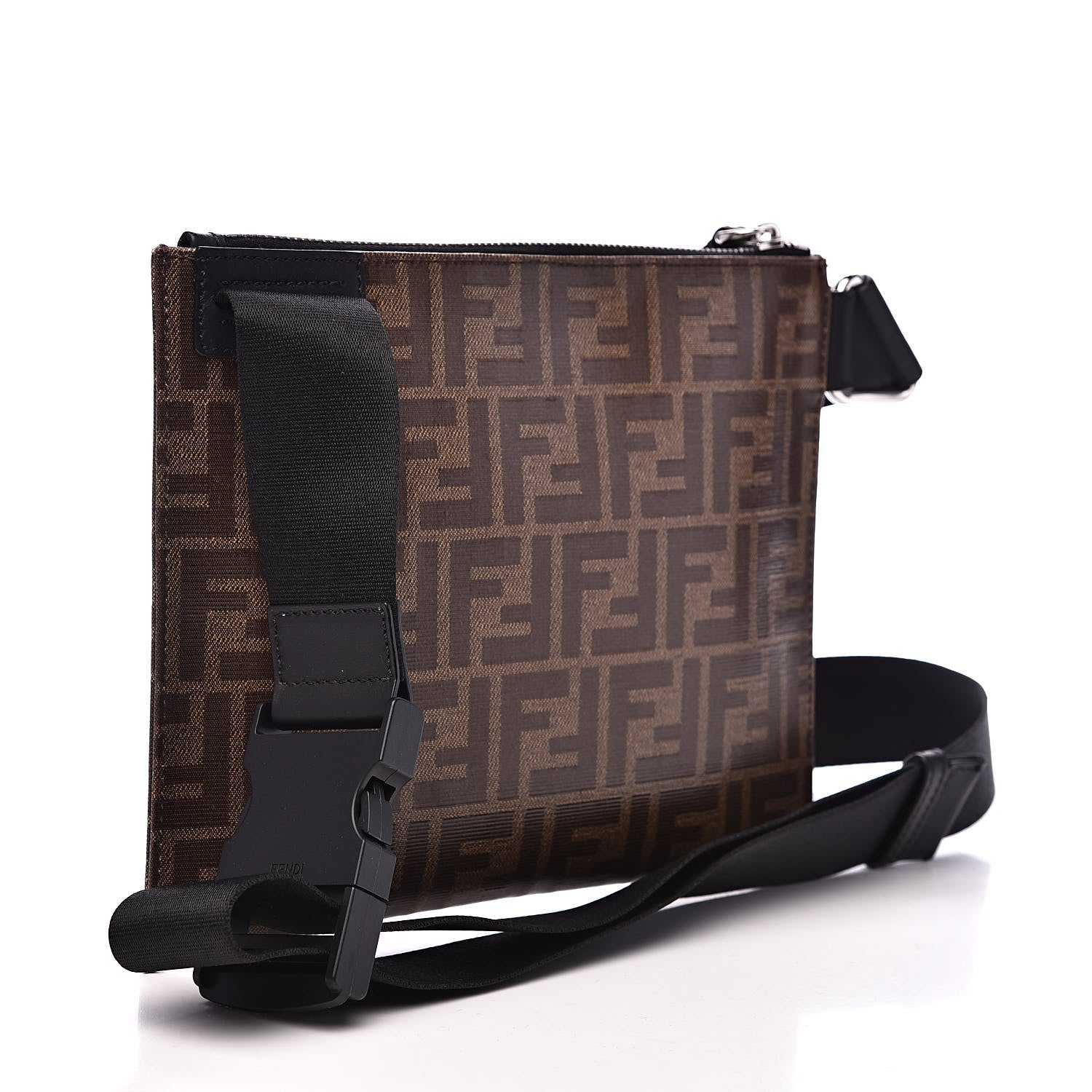 Fendi Glazed Fabric Vitello Century FF 1974 Stamp Patch Messenger Bag Mogano Panna Black 3 of 11