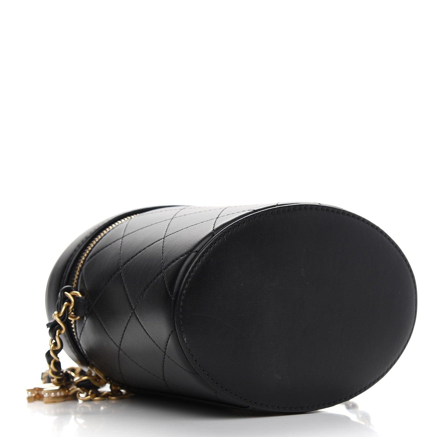 Lambskin Quilted Top Handle Round Logo Vanity Case With Chain Black