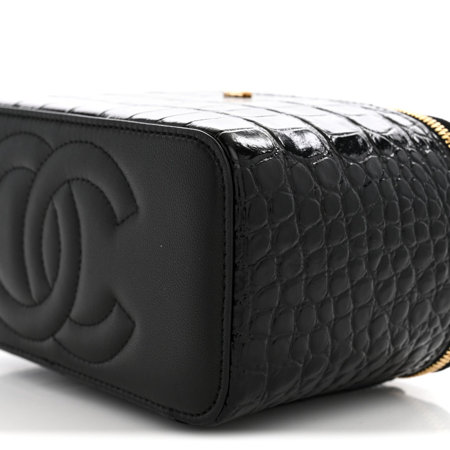 Calfskin Crocodile Embossed Crococo Small Top Handle Vanity Case With Chain Black