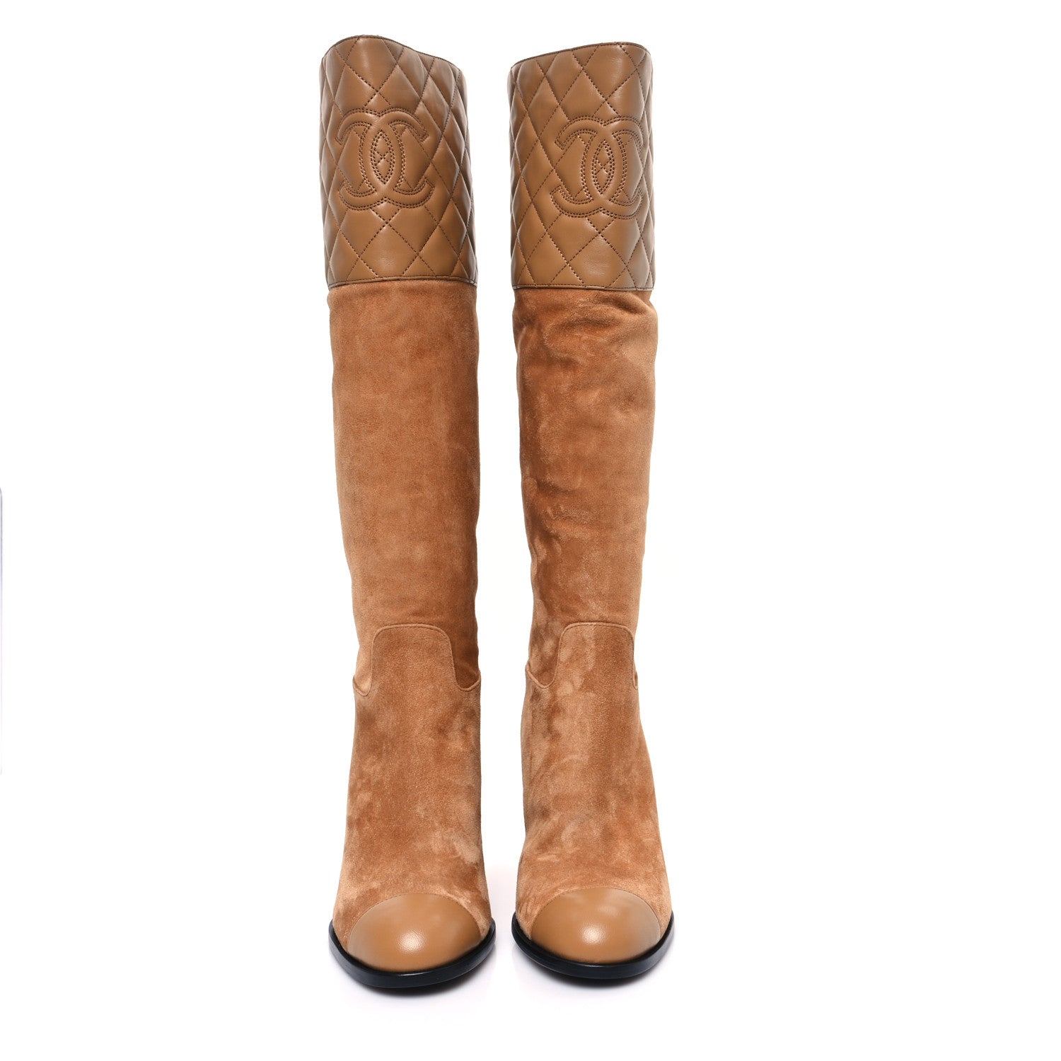 Chanel Suede Calfskin Lambskin Quilted Knee High Boots 36.5 Beige 2 of 10