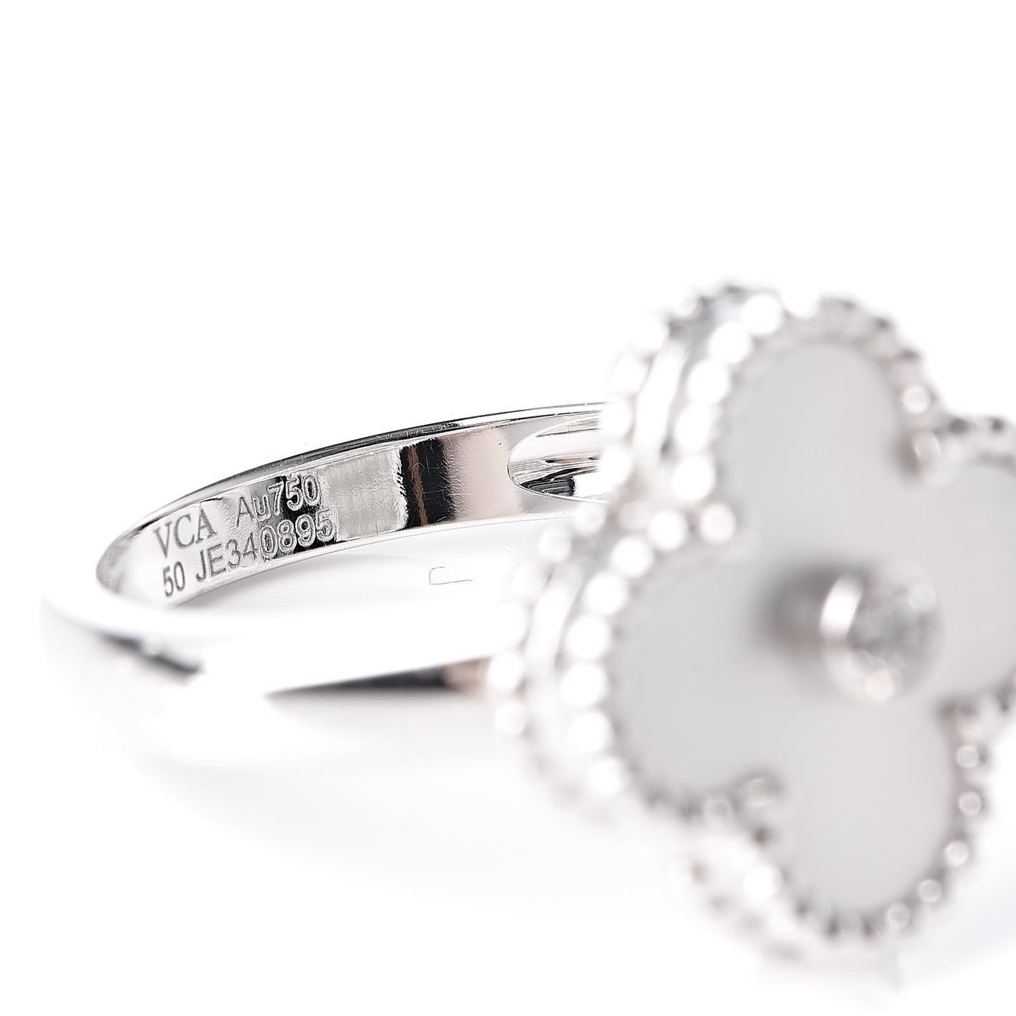 18K White Gold Diamond Mother of Pearl Vintage Alhambra Ring 50 5.25