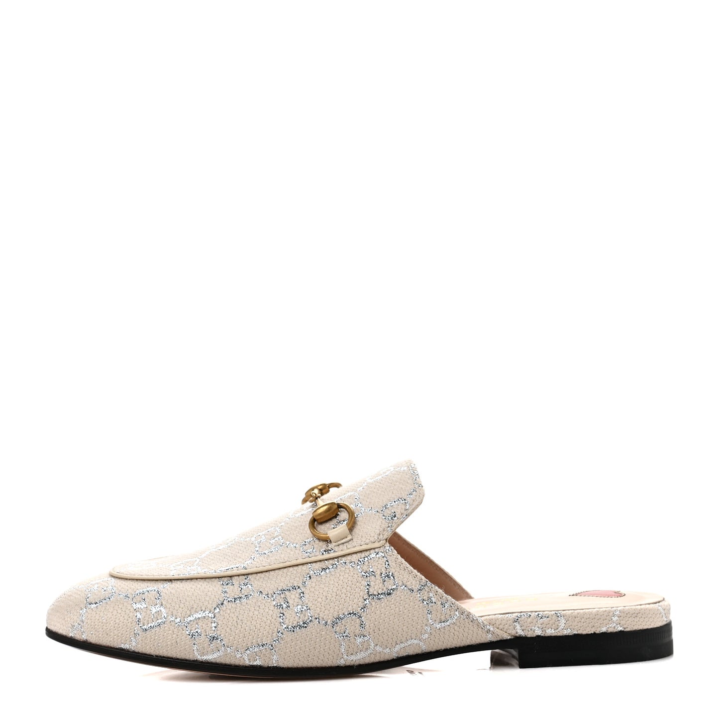 Canvas Lame GG Monogram Womens Princetown Slippers 37.5 Gardenia Silver