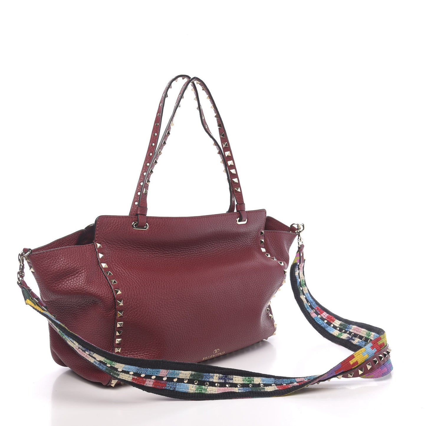 Grained Calfskin Embroidered Medium Rockstud Rolling Tote Red