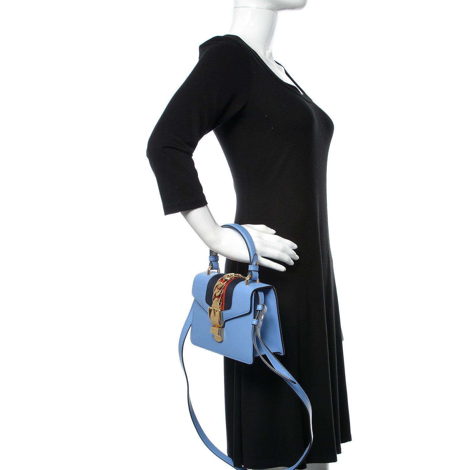 Gucci Vitello Fontanella Web Mini Sylvie Top Handle Bag Clear Sky Blue 3 of 11