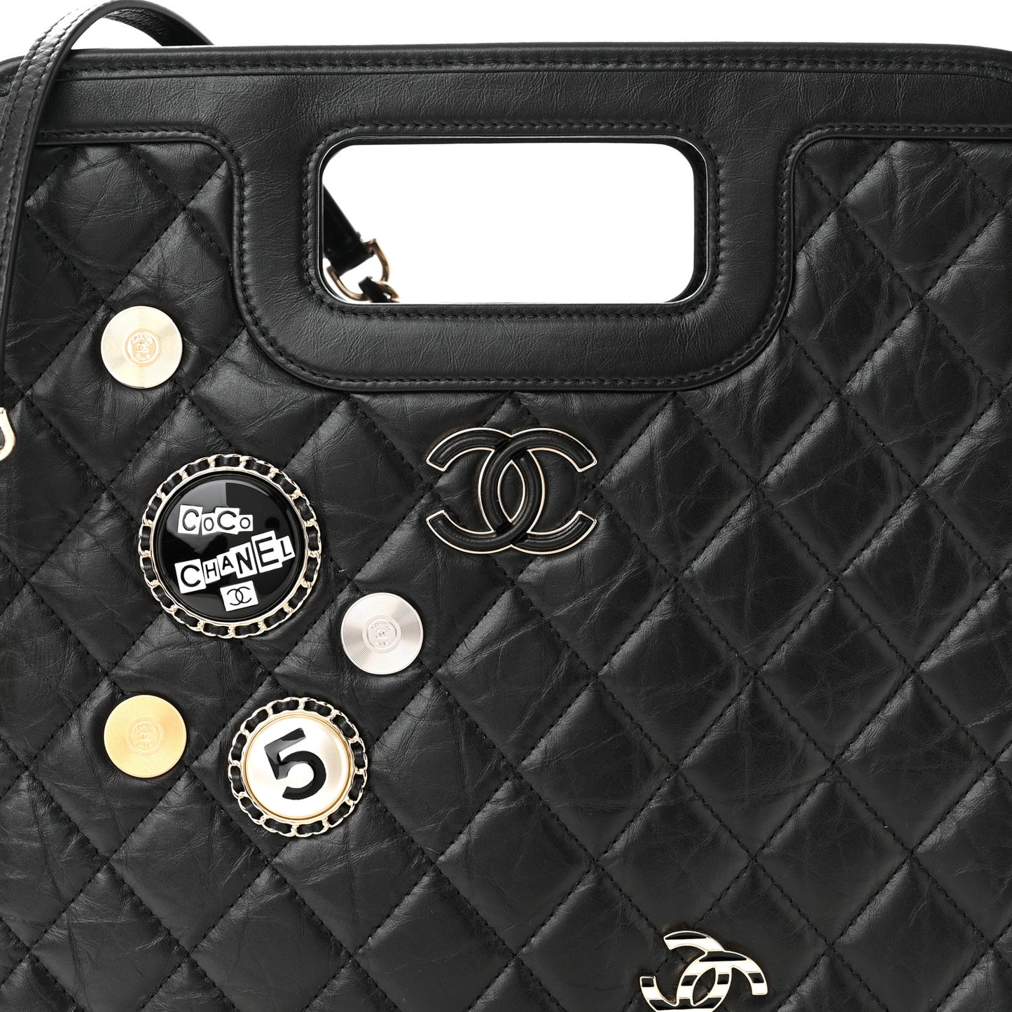 Aged Calfskin Small Charms Shopping Bag Black
