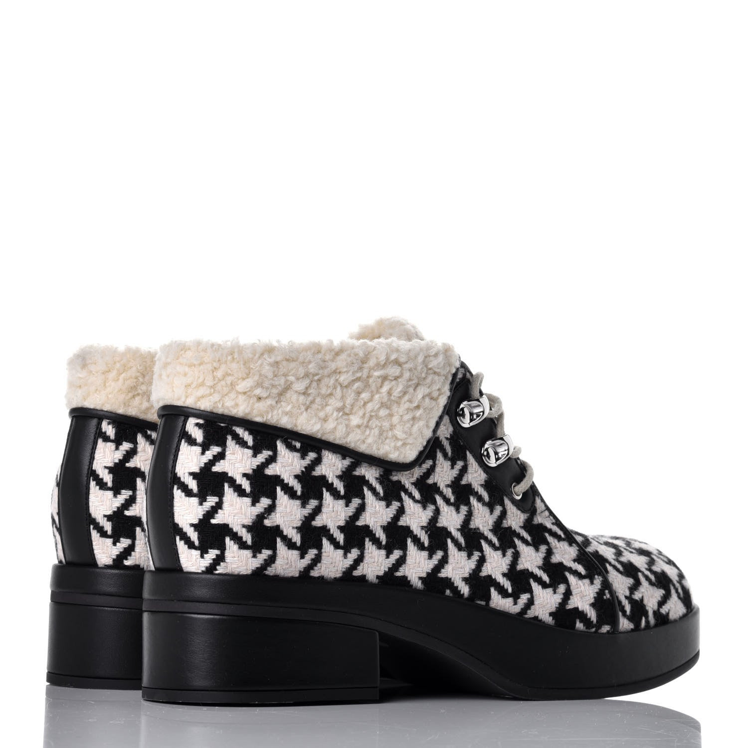 Gucci Optical Tweed Faux Shearling Houndstooth Victor Lace Up Ankle Boots 40 White Black 4 of 8