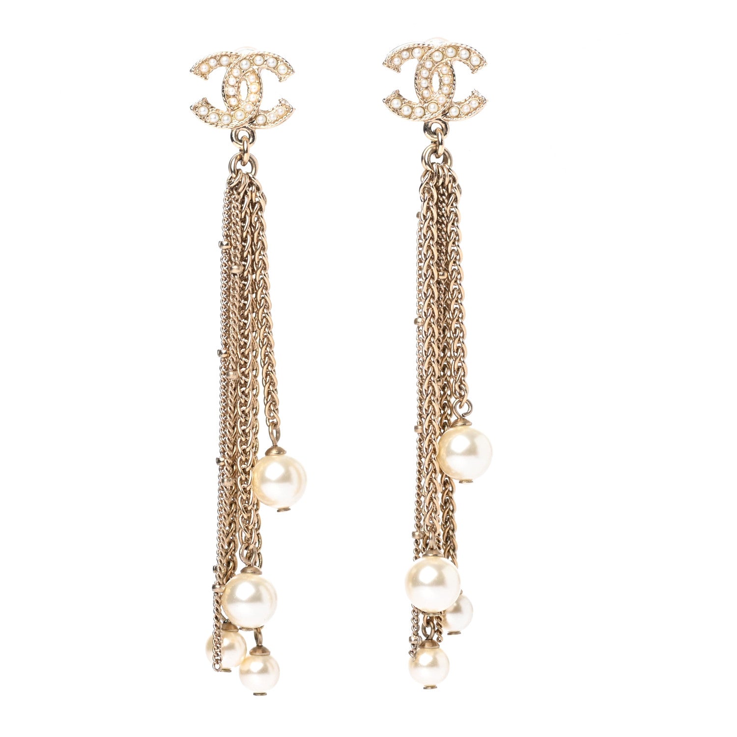 Chanel Glass Pearl CC Long Drop Earrings Gold 1 of 4